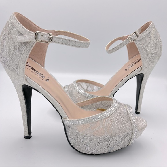 Silver Lace Platform 5” Stiletto Open Toe Sandals sz 7.5 - Picture 5 of 7